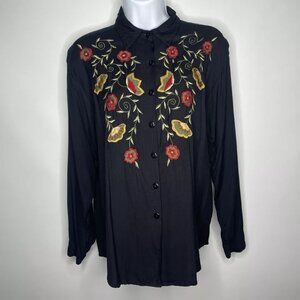 Vintage 90s Passports Pier 1 Imports Boho Embroidered Floral Black Blouse